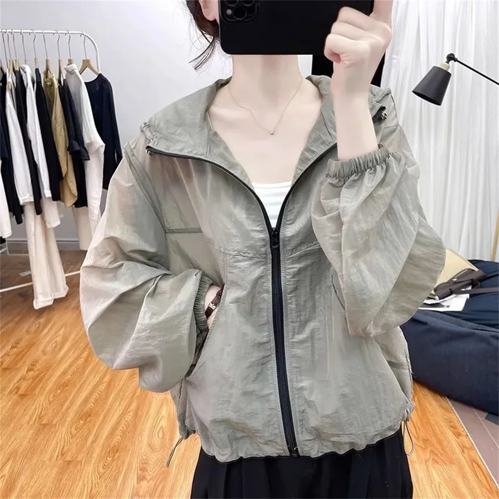

Long Sleeve Sunscreen Coat Women Summer Harajuku Thin Loose Korean Y2k Fashion Coats Hooded Protection Jackets Zipper Crop Tops