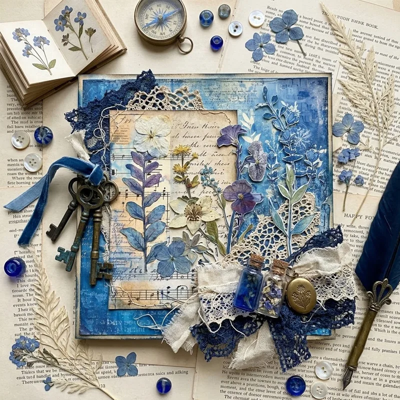 Vintage Blue Botanical Script Pattern Paper Pack Scrapbook Paper Junk Journal Card Making Craft Embellishment Supplies