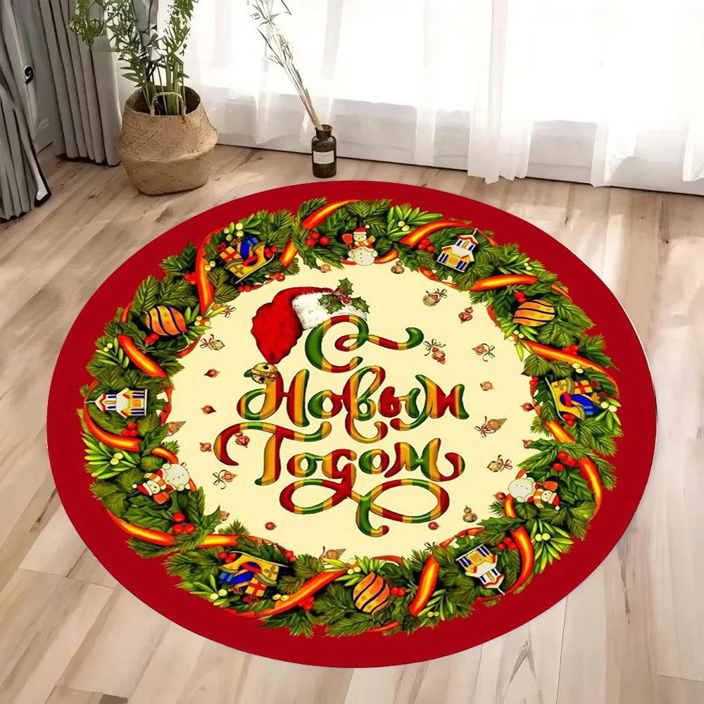 Christmas Ornaments Circle Rug Living Room Decor Sofa Rug Merry Christmas Santa Rudolph Riding Home Mat Festival Event Carpet