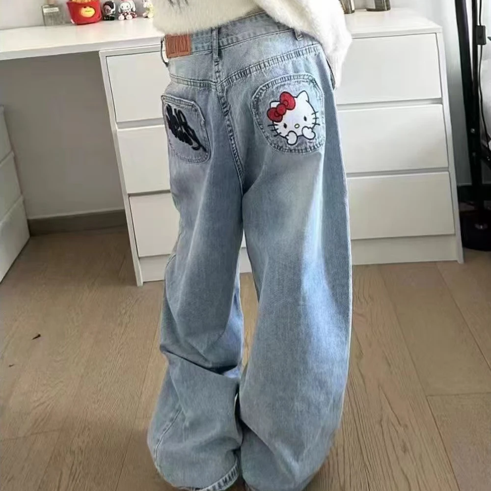 Y2K Hello Kitty Jeans Baumwolle Hose mit weitem Bein Sanrioed Cartoon Kt Hose mit geradem Bein Süße Retro-Jeans mit hoher Taille Süßes Mädchen
