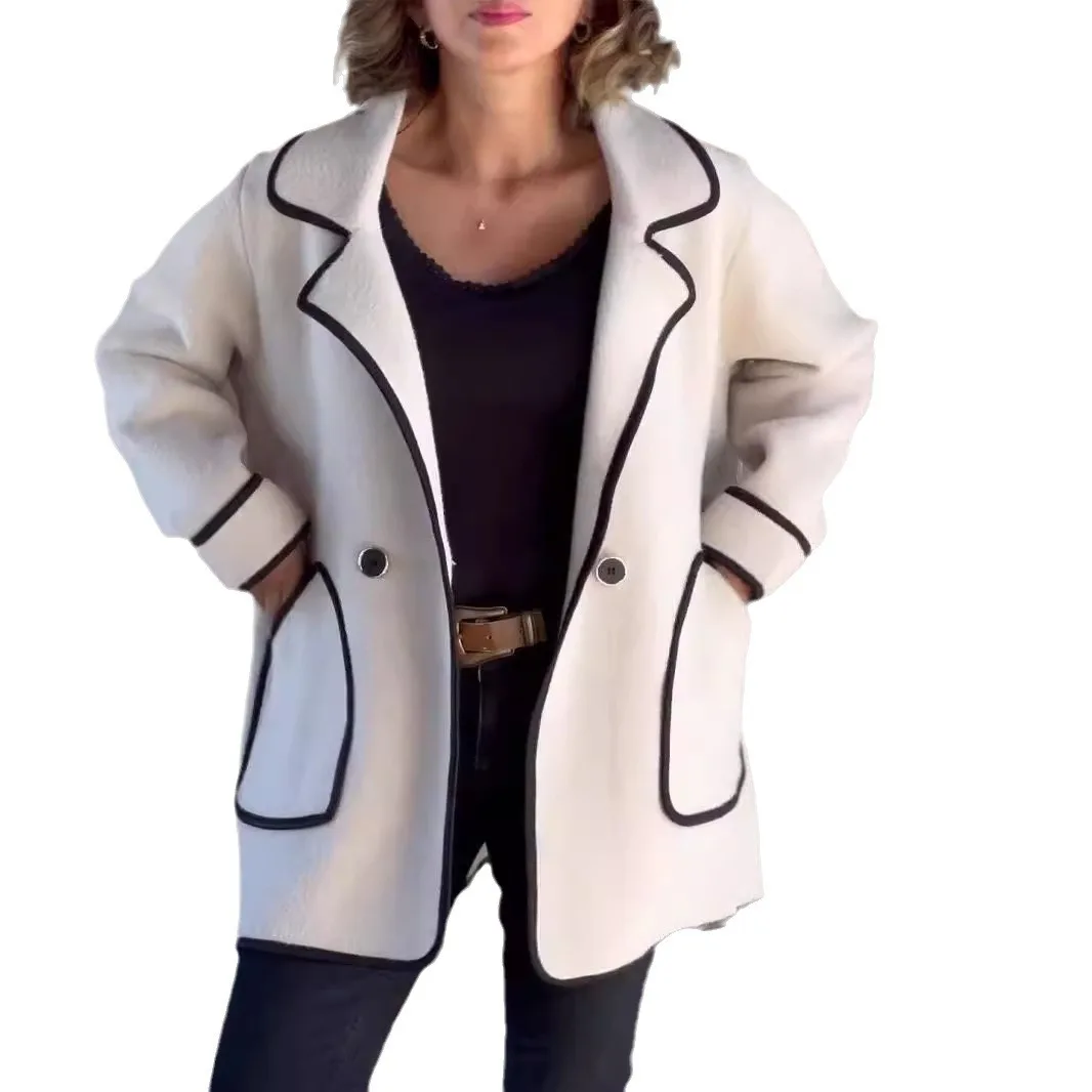 Damski wełniany kardigan płaszcz łączony z mieszanych materiałów kurtki z kołnierzykiem z klapami długi rękaw jeden guzik luźny krój elegancki do biura casual jesień 2025