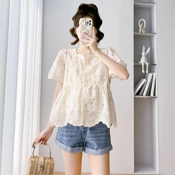 Korean Style Pregnant Woman Lace Shirts Short Sleeve Square Collar Button Fly Maternity Blouses Sweet Pregnancy Organza Top Tees