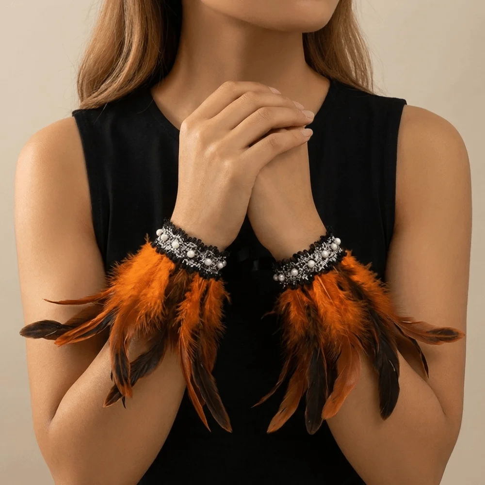 Vintage Lace Feather Wrist Cuffs Adjustable Pearl Halloween Arm Cuff Fluffy Lightweight Wristband Themed Party