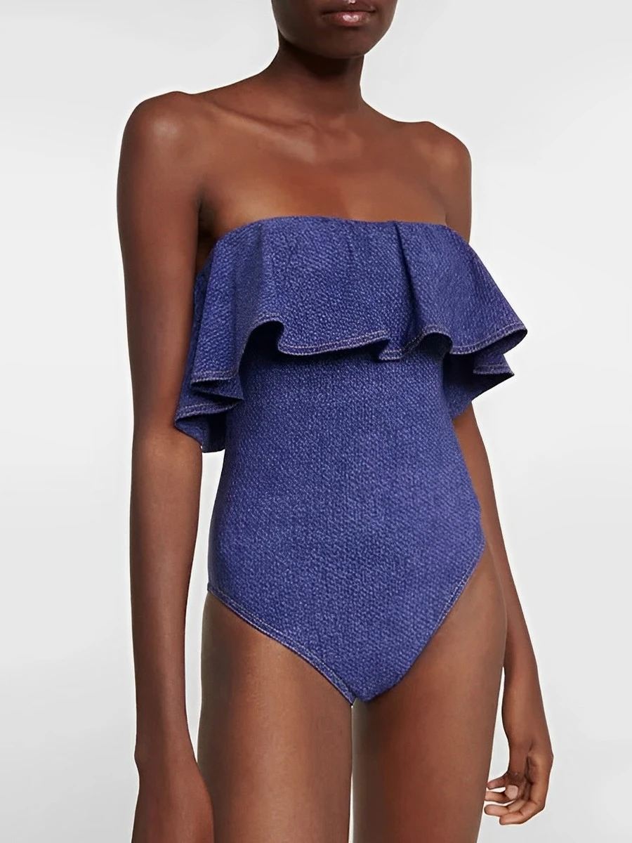 

2026 Strapless Frill Denim Swimsuit Women One Piece Sexy Swimwear Female Beachwear Bathers Bathing Swimming Swim Suit