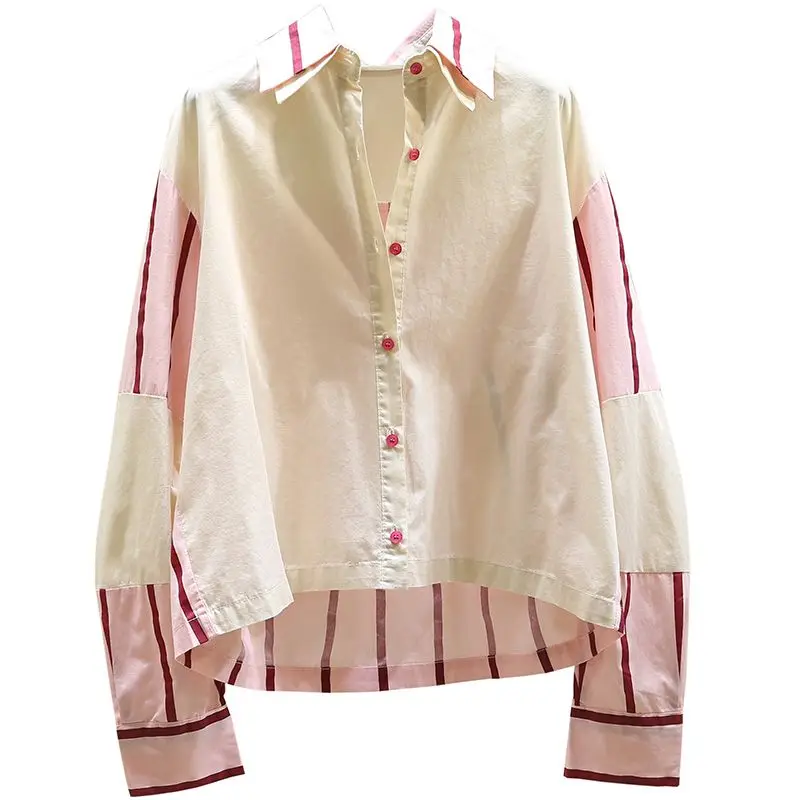 المألوف اللون حجب مخطط قميص سترة قصيرة للنساء 2025 أوائل الربيع والخريف جديد الكورية فضفاض قميص غير رسمي