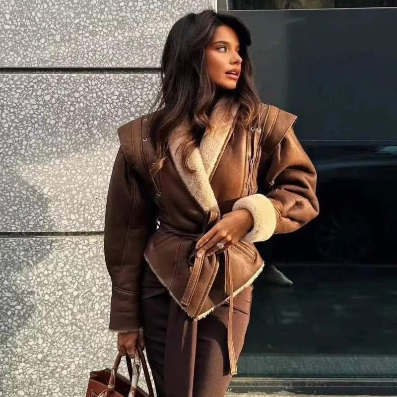 

Brown Short Faux Fur Jacket Slim with Belt Lapel Faux Lamb Plush Coat Warm Thick Furry Jacket Fluffy Luxury Leather and Fur 2025