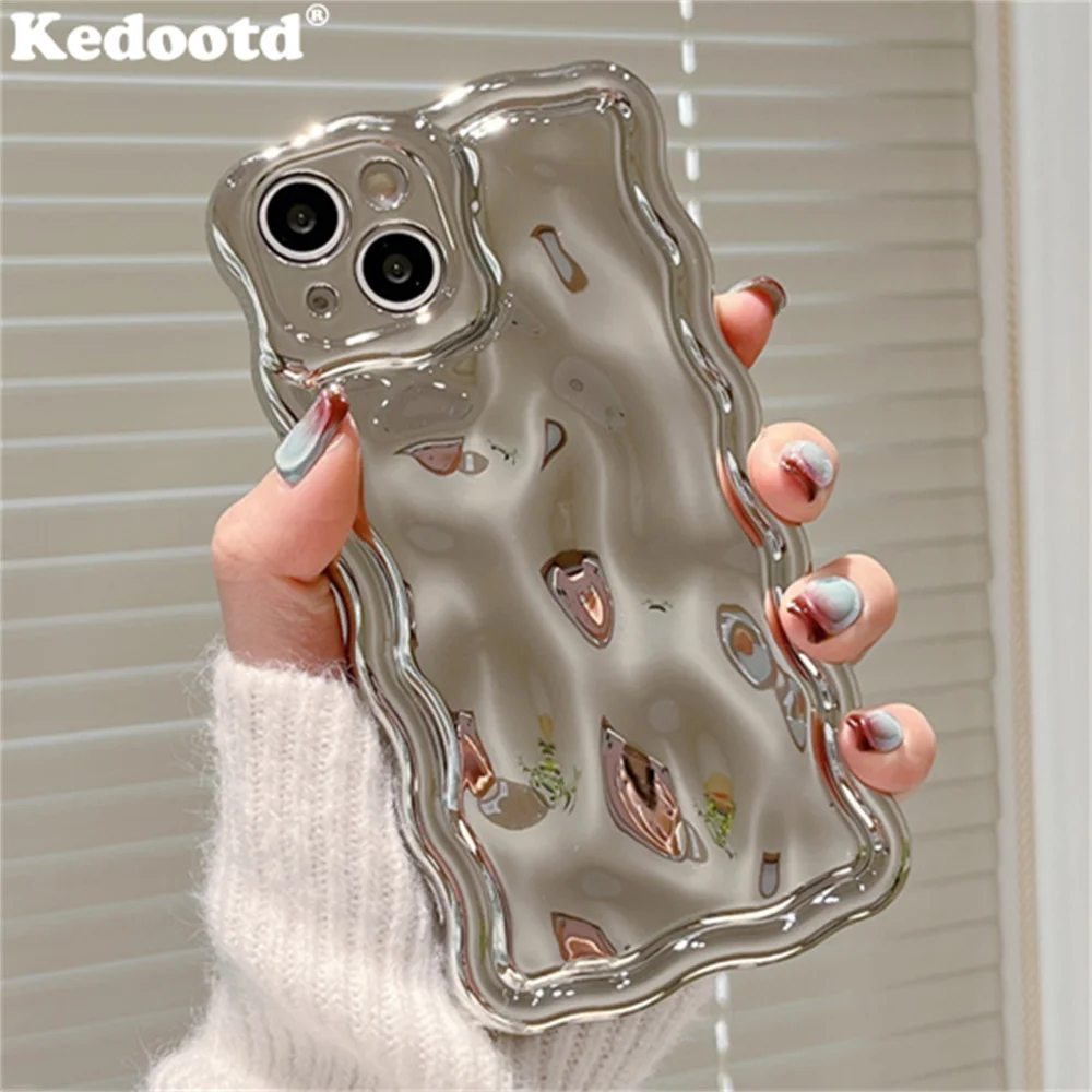 Plating Glossy Laser Wavy Meteorite Texture Phone Case For iPhone 16 15 14 13 Pro Max 3D Wave Solid Color Anti-knock Girly Cover