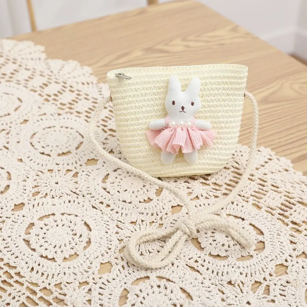 Cartoon Bunny Mini Straw Bag Summer Beach Zipper Handmade Woven Kid Messenger Bags Coin Purse Photo Props Crossbody Handbag