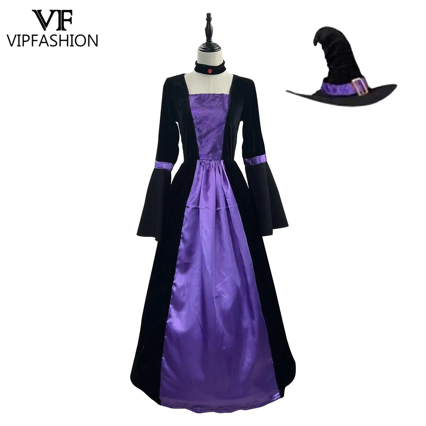 

VIP FASHION Halloween Purple Witch Costume for Women Cosplay Dresses with Hat Neck Accesory Fancy Party Gown Stage Show Outfit