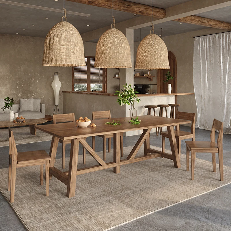 

wind all-solid wood dining table tea table integrated dual-purpose rectangular small apartment retro home log chair