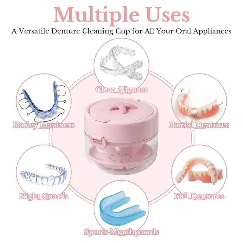 Large Capacity Denture Bath Case Retainer Case With Mirror Cleaning Brush And Removal Tool For Braces Denture Users