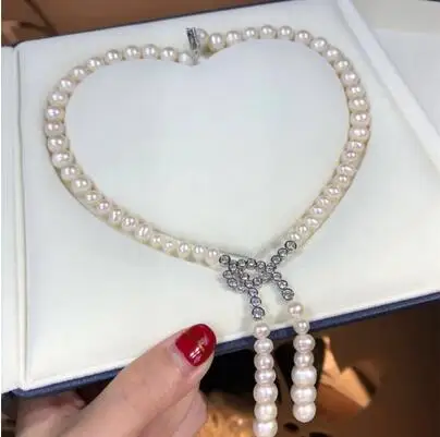 Women's fashion jewelry 6-7-8-9mm white freshwater pearl micro inlay zircon accessories pendant sweater necklace long 48cm