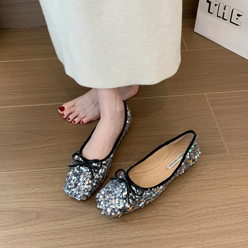

Блестящие туфли-балетки с пайетками для женщин, на мягкой подошве, с квадратным носком, для широкой стопы, больших размеров, модные повседневные туфли