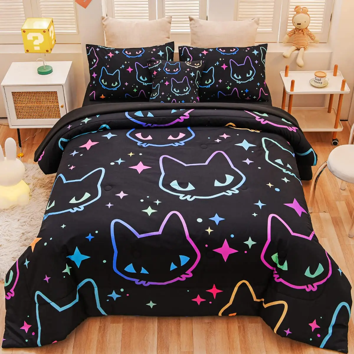 Imagem -03 - Conjunto de Cama Fofo para Meninos e Meninas Padrão Gato Preto Capa de Edredão Decorativa Decoração do Quarto King Size Consolador Pcs