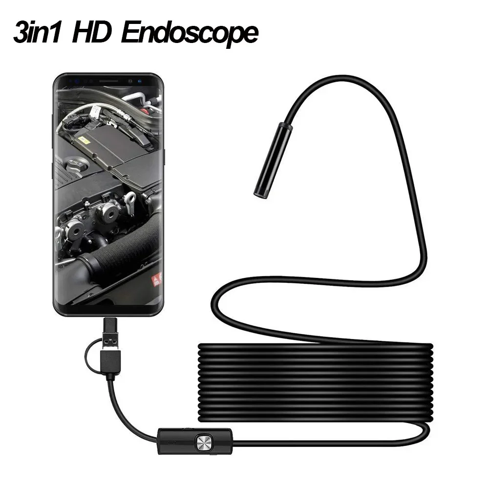 

7MM Android Endoscope 3 in 1 USB/Micro USB/Type-C Borescope Inspection Hard Soft Cable Camera for Smartphone with OTG and UVC PC