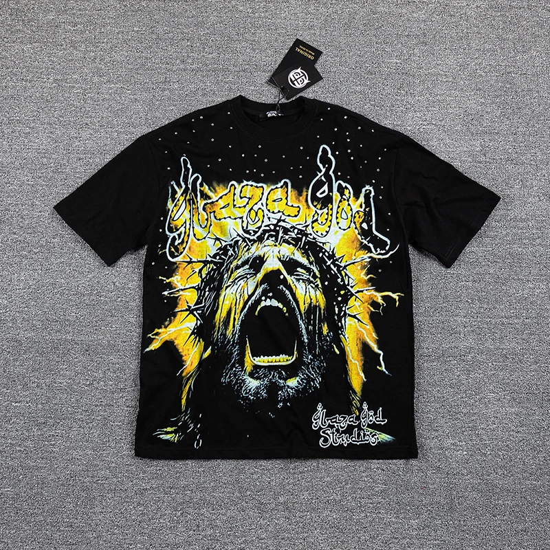 New GlazaGod  T Shirt Vintage Hip Hop Graffiti Logo Shining Diamond Men Women Casual Tops Tees
