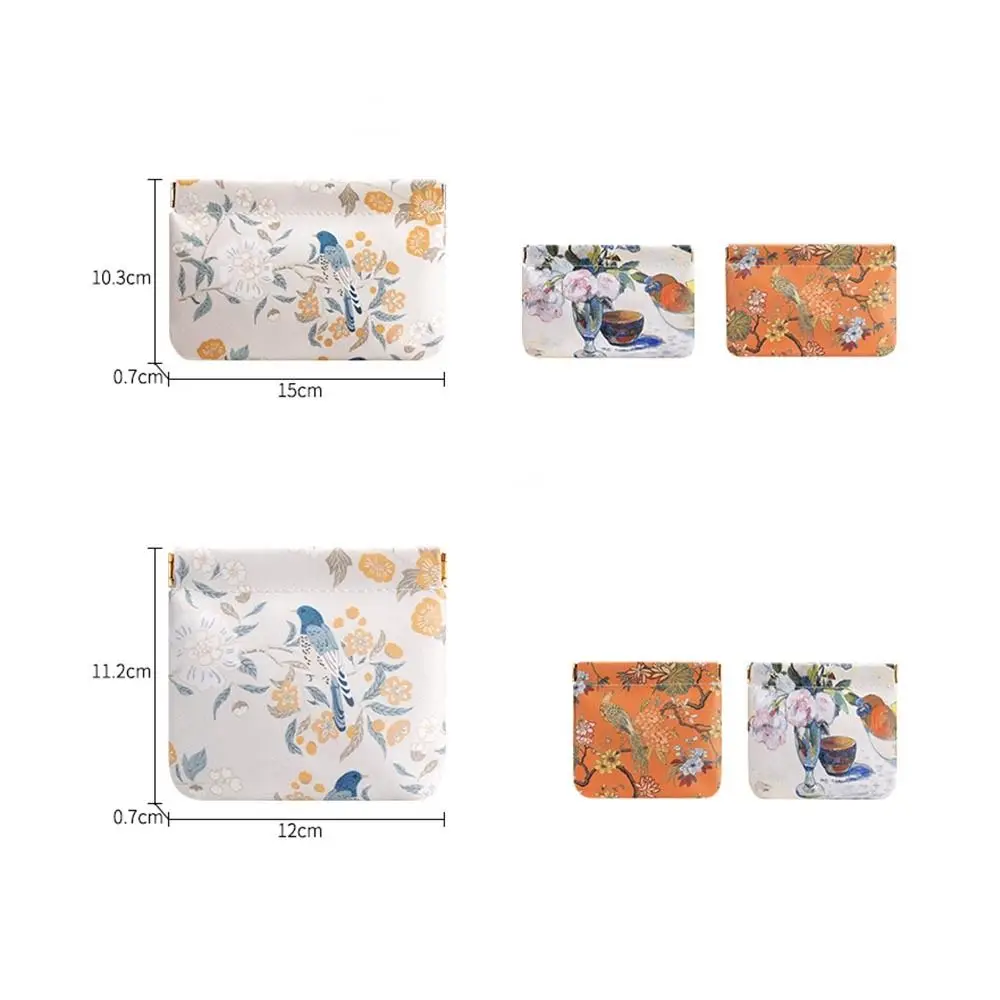 Portable PU Coin Purses Waterproof Flower Bird Print Cosmetic Bag Automatic Closing Data Cable Storage Package Women