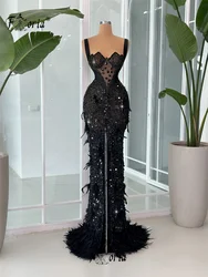 Luxury Mermaid Black Feather Beaded Evening Dresses Crystal Sequin Front Slit Spaghetti Strap Formal Event Gown Special Party Dr