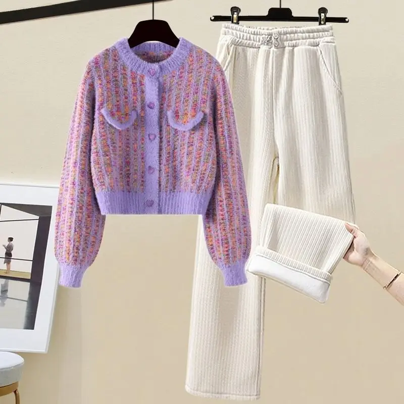 Autumn and Winter Women's Set Small Fragrant Short cardigan sweater with plush wide leg pants two-piece fashion set