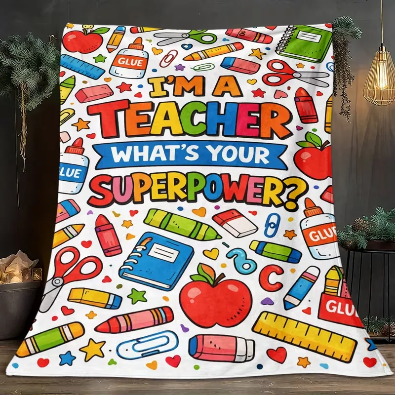 I'm A Teacher What's Your Superpower Cartoon Stationery Blanket Cute Colorful Apple Pencil Print Soft Throw Gift for School
