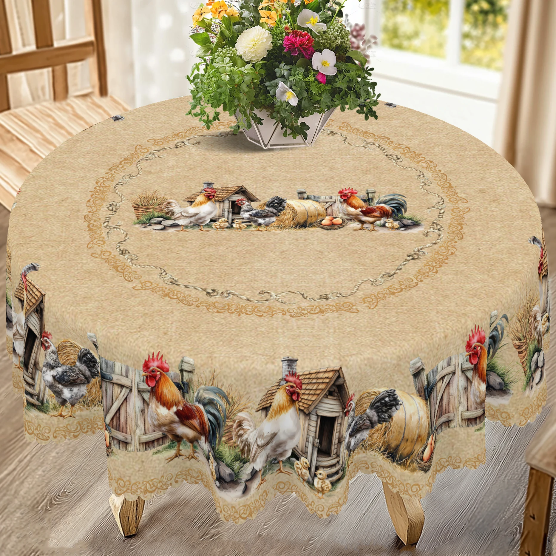 

1 шт., ретро скатерть для украшения стола с фермы и петухом + 4 самоклеящихся, петуха, цыплят, яйца и фермы, тисненый край, круглая и прямоугольная скатерть + 4 самоклеящихся, подходит для украшения домашней комнаты, украшения кухни, всесезонный универсал