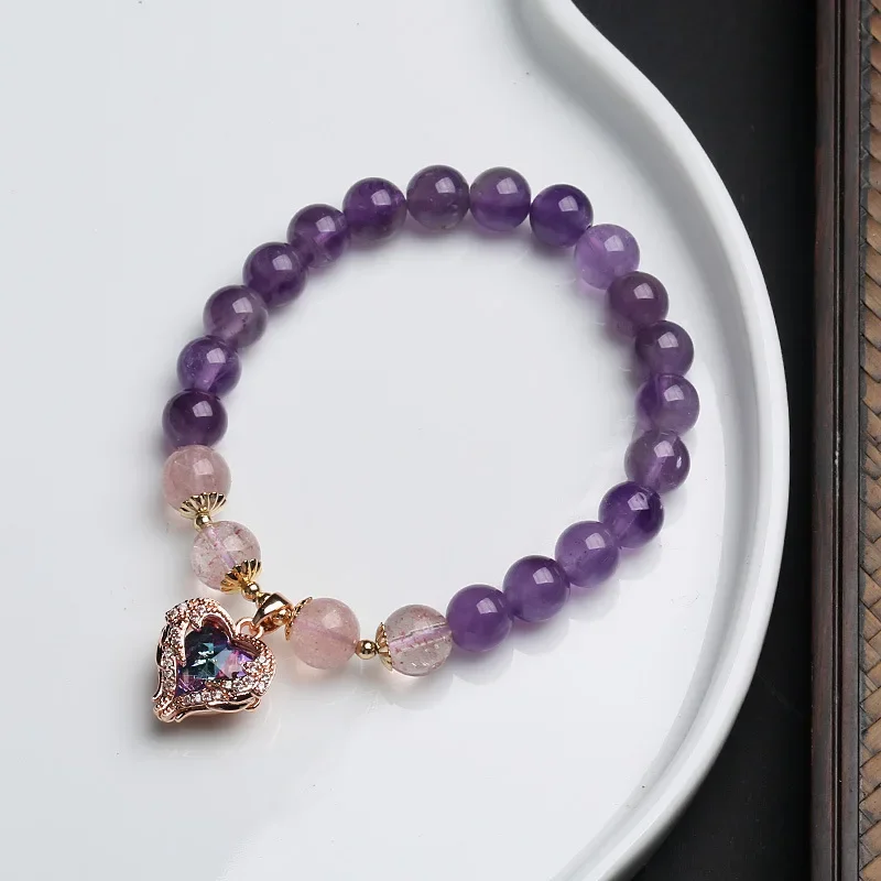 

New Natural Amethyst Strawberry Crystal Freshwater Pearls Beaded Bracelets for Women Heart Pendant Bangle Fine Jewelry YBR600