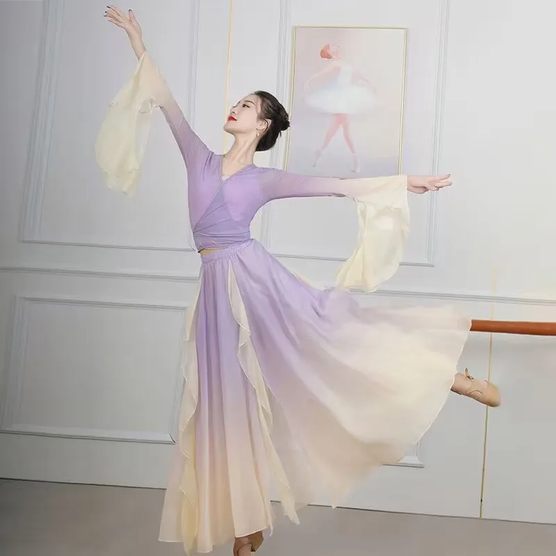 Chinese Classical dancer performance costumes elegant cardigan practice clothes body rhyme long outer Chinese style folk dance