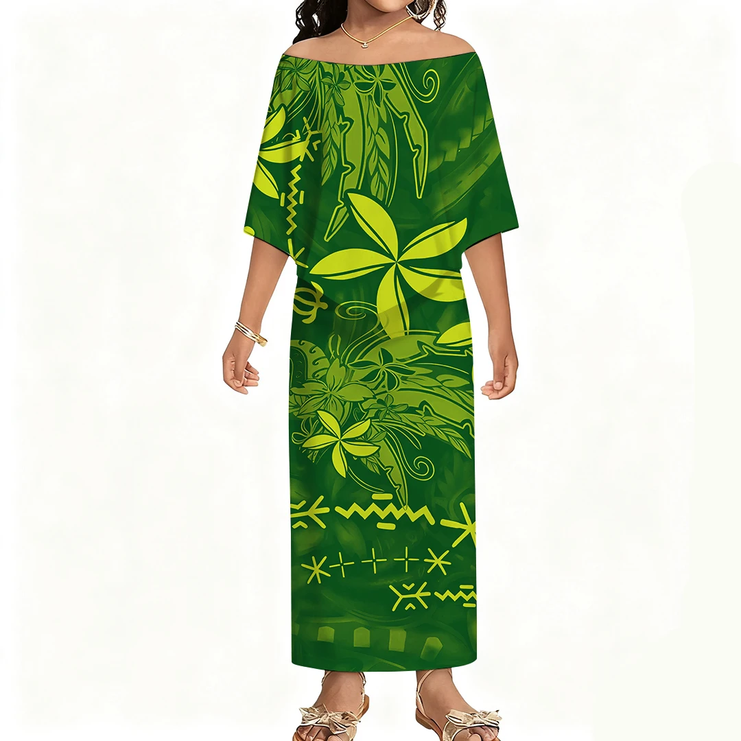 البولينيزية نمط مخصص الصيف خارج على الكتف الرجعية كبيرة الجبهة هيم فستان طويل فضفاض للفتيات والنساء