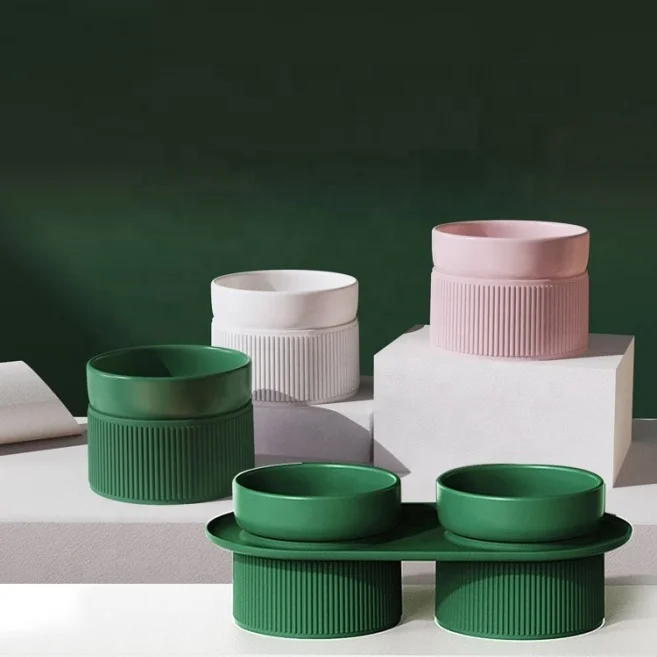 

Wholesale Pottery Enamel Anti Spill Elevated Double Food Water Drinking Pet Dog Cat Ceramic Bowl