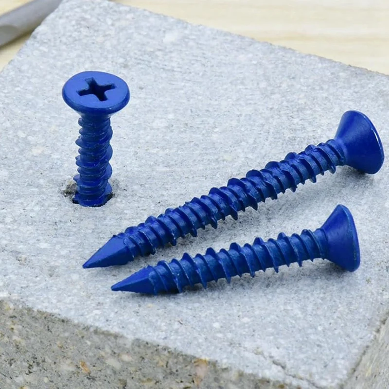 A52I-100 PCS 3/16 Inch X1-1/4 Concrete Screw Anchor Blue Flat Heads For Anchoring To Masonry, Block Or Brick Stucco