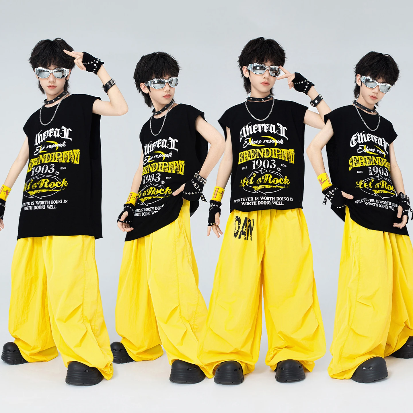 Street Dance Costume Boys Hip Hop Performance Clothes Sleeveless Black Top Yellow Loose Pants Jazz Stage Outfit Streetwear 5720