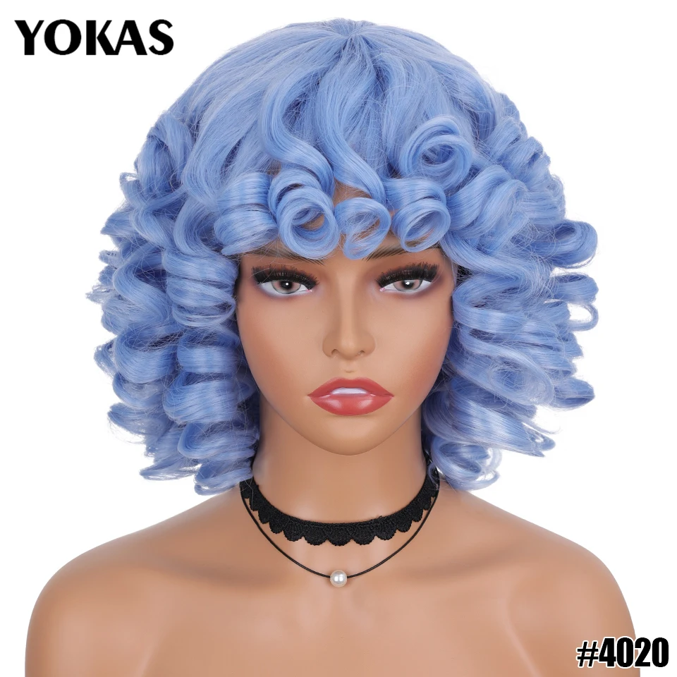 Kurze Haare Afro Verworrene Lockige Perücken Synthetische Mit Pony Für Schwarze Frauen Flauschige Afrikanische Ombre Cosplay Natürliche Braune Perücken Afro YOKAS – Detail 9