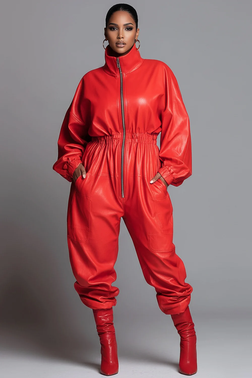 

Plus Size Christmas Red High Collar Long Sleeve Zipper Casual Jogging PU Leather Jumpsuits