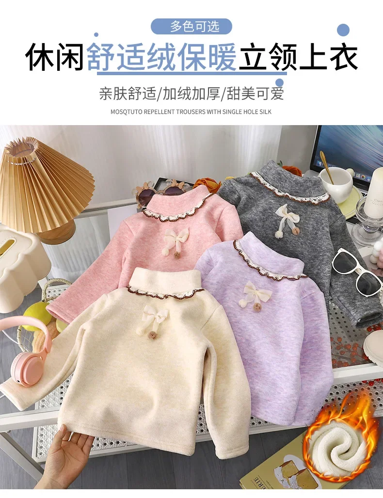 Neues Kinder-Rollkragen-Unterhemd, warmes, mit Fleece gefüttertes Langarm-Unterhemd, verdickte Baby-Basis-Schicht, Kinder-Schleifen-Spitzenkragen – Detail 1