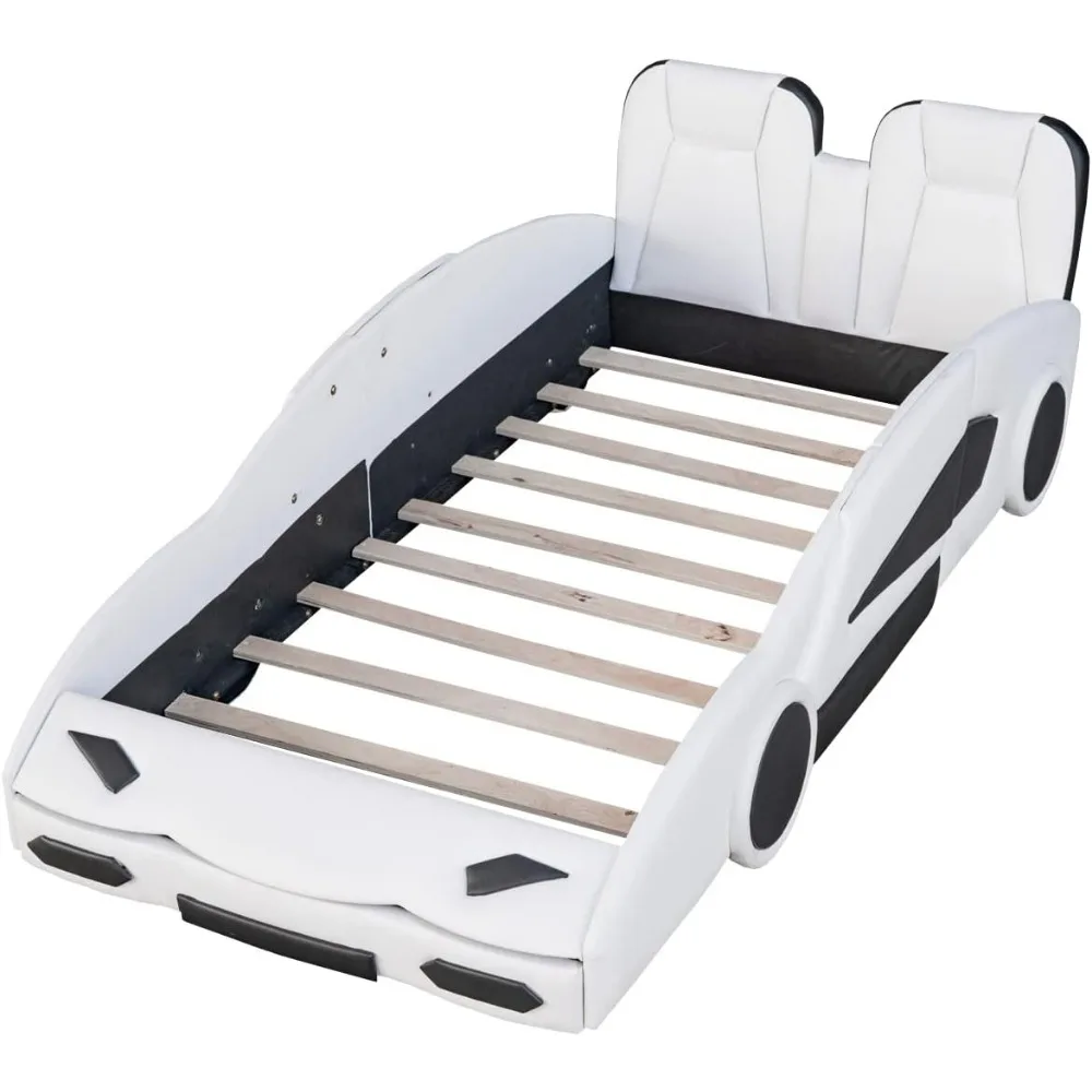 Cama de coche de carreras de tamaño doble para niños, marco de cama de coche fresco con ruedas para niños, cama doble con barandilla para niños