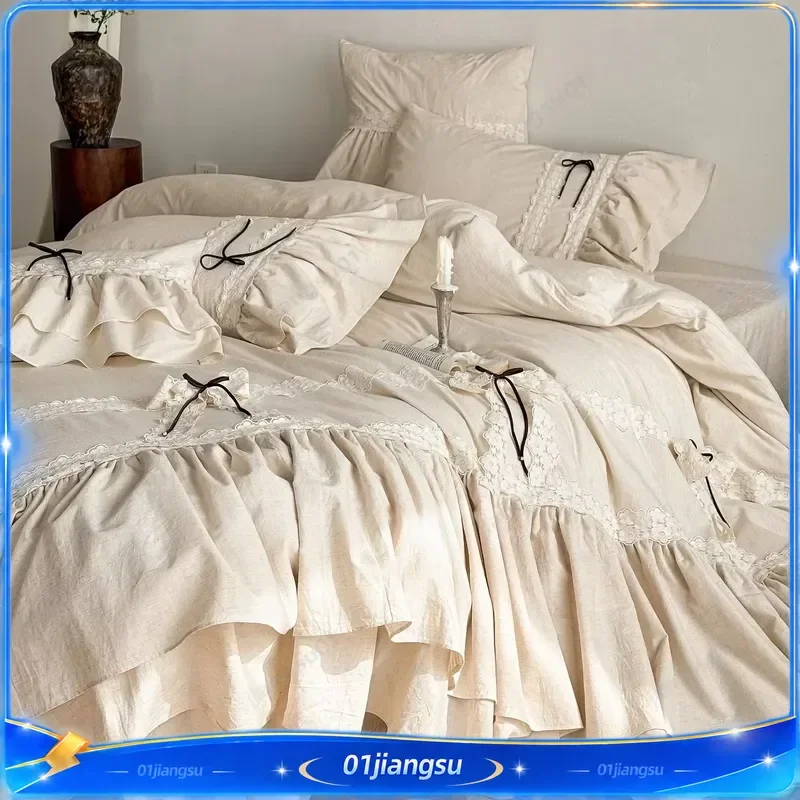 Princess Bedding Set Double Layer Ruffles Lace Bow Cotton Linen Blend Duvet Cover Flat Fitted Sheet Pillowcases 4pcs Home