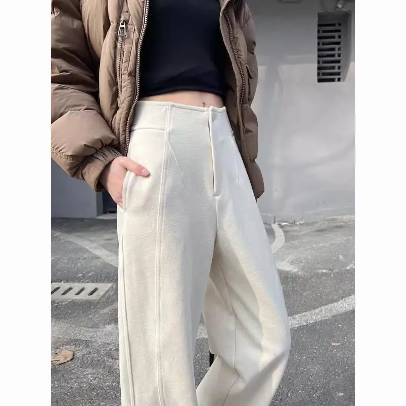 Coreano autunno inverno nuovo addensare banana falce pantaloni donna tasche con cerniera solida vita alta moda pantaloni dritti a gamba larga