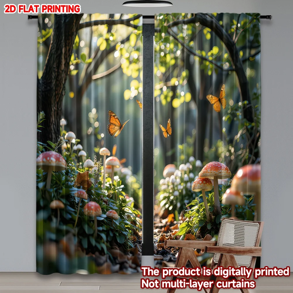 

2D flat printing 2pcs Curtains Butterflies and Mushrooms Pathway Digital Printed Polyester Drapes Birthday Party Perfect for
