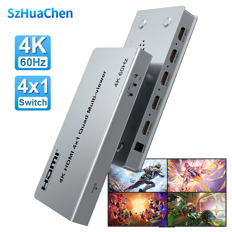 4K 60Hz HDMI Multiviewer 4x1 Seamless Switch Quad Screen Multi-Viewer Support 90° 180° 270° Flip PIP Picture in Picture 8 Modes