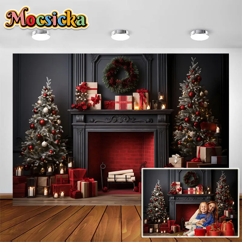 

Christmas Photography Backgrounds Xmas Tree Gift Boxes Black Mantel Wreaths Decor Backdrops Kids Family Portrait Photo Studio