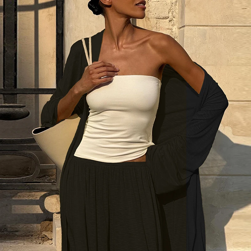 

Плиссированные свободные широкие брюки, модный уличный однотонный женский комплект из двух предметов, сексуальный костюм с шалью и длинными рукавами с v-образным вырезом