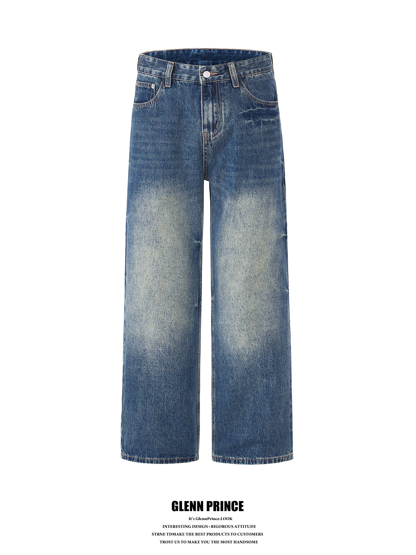 

Vintage Cleanfit Straight Leg Men's Jeans Deep Blue Washed Denim Pants Casual Wear Youth Fashion Cotton Polyester Blend