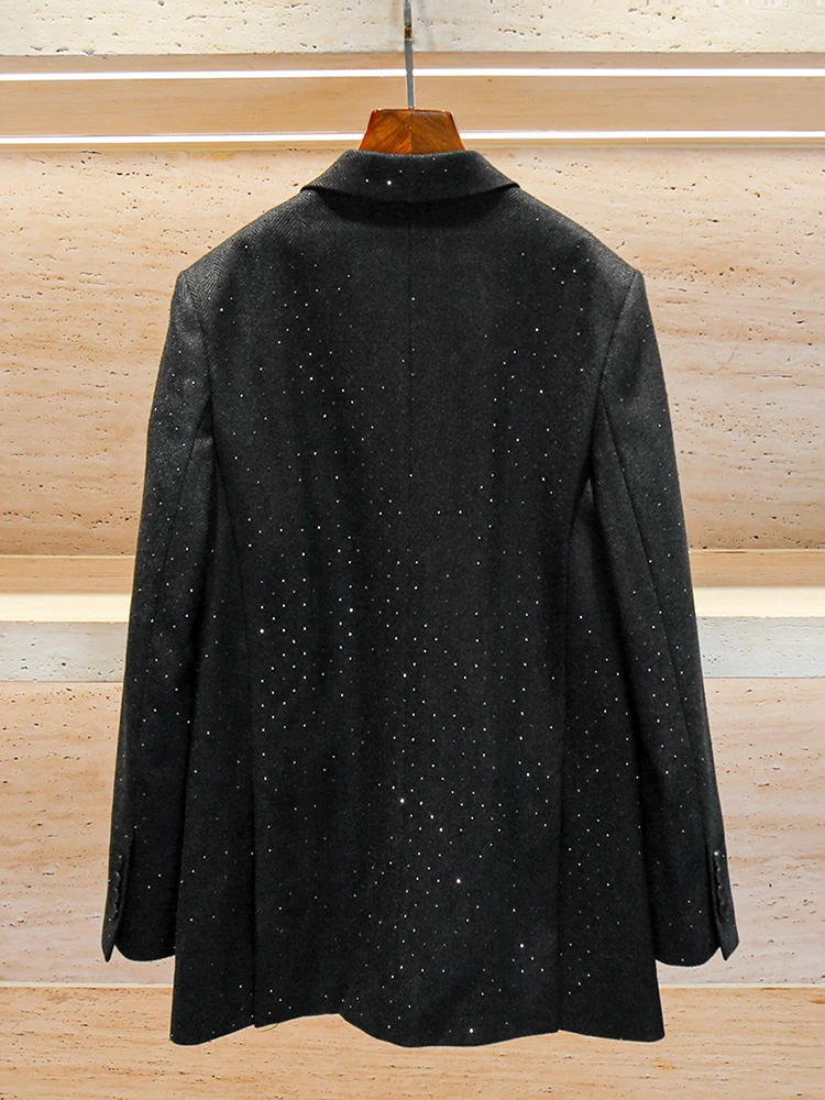 S Home South Oil High End Women's Autumn Winter Hepburn Sle Suiting Woolen Coat with Diamond Heat Treaent Stripes
