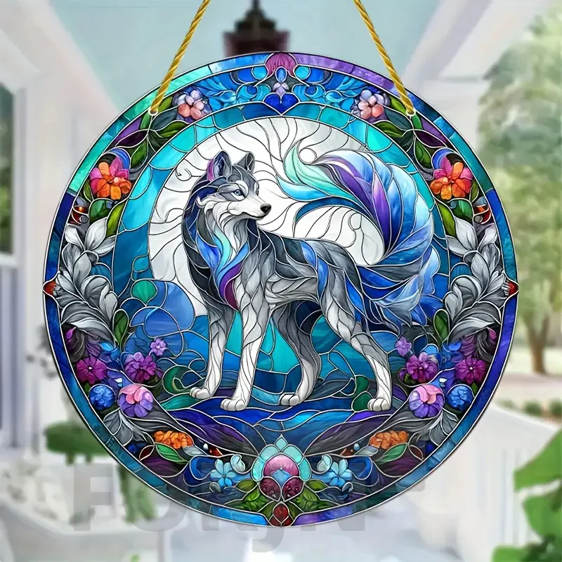 Snow Wolf Suncatcher,round Acrylic Translucent Stained Window Hanging,Holiday Gift,Office,Garden,Club,Man Cave,Spooky Home Decor