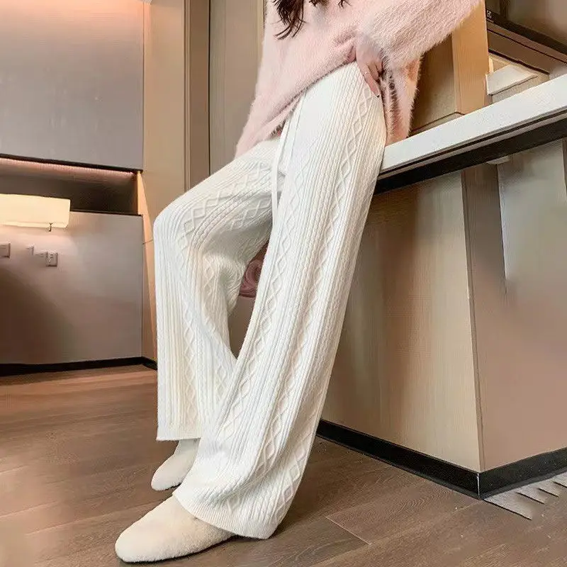 Knitted Thickened Fried Dough Twists Casual Straight Trousers Women Autumn Winter High Waist Loose Wool Wide Leg Pants Mop Pants