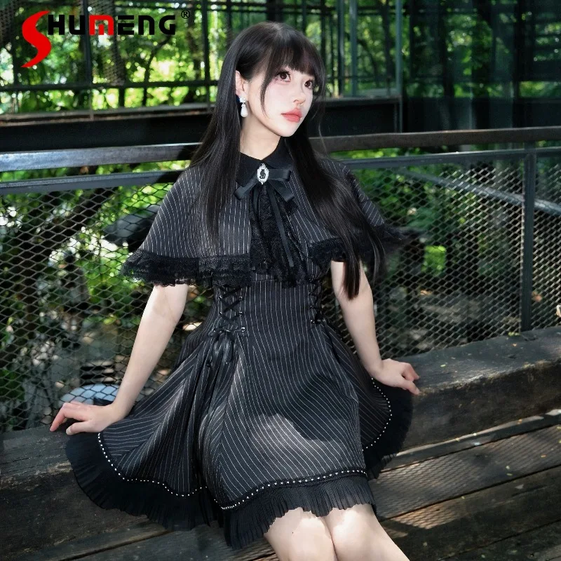

Japanese Original Design Striped Cape Dress Six Piece Cut High Waist Slim A Line Short Dress for Women's Summer Lolita Vestidos