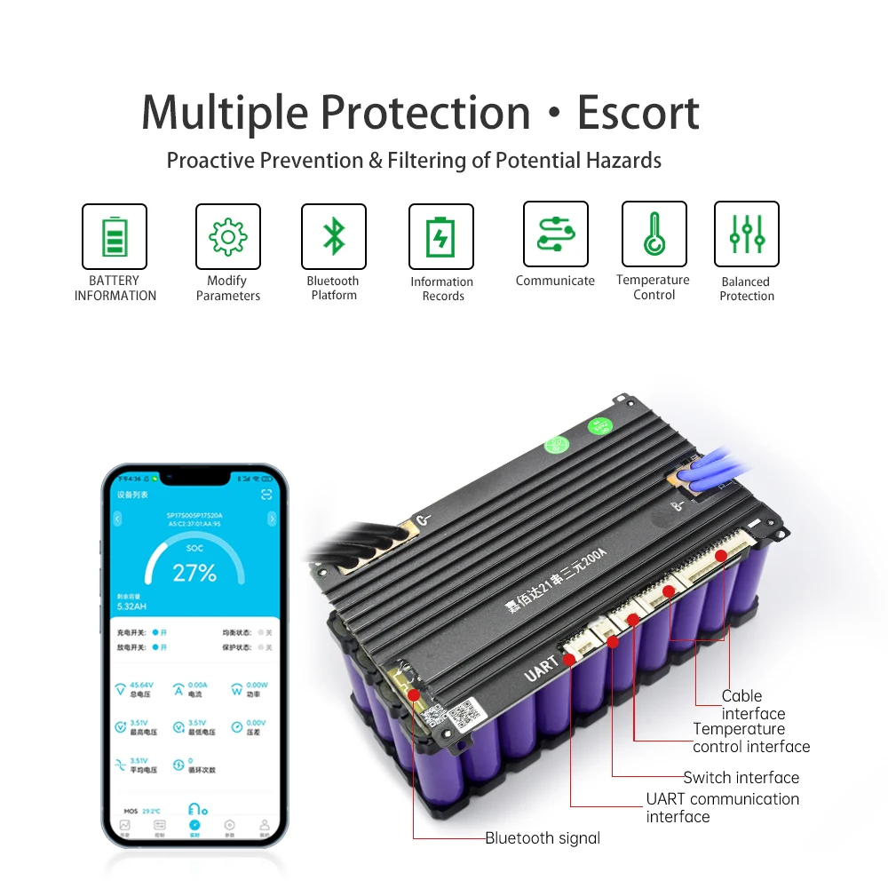 JiaBaiDa Automatic Identify 8s-21s 8S 10S 36V 13S 14S 48V 16S 17S 60V 20S 21S 72V 150A 200A Smart BMS With UART Heating BT