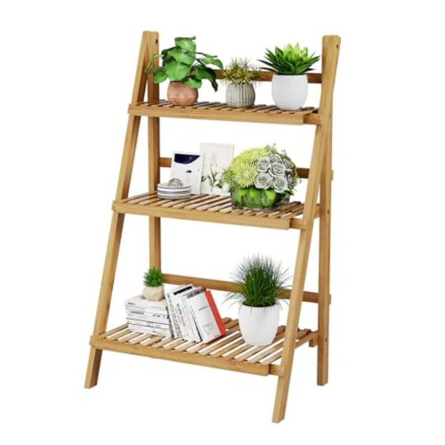 

39.4 Foldable Plant Shelf Ladder Shelf 3 Tier Bamboo Ladder Flower Pot Display Shelf Freestanding Ladder Bookshelf for Garden B