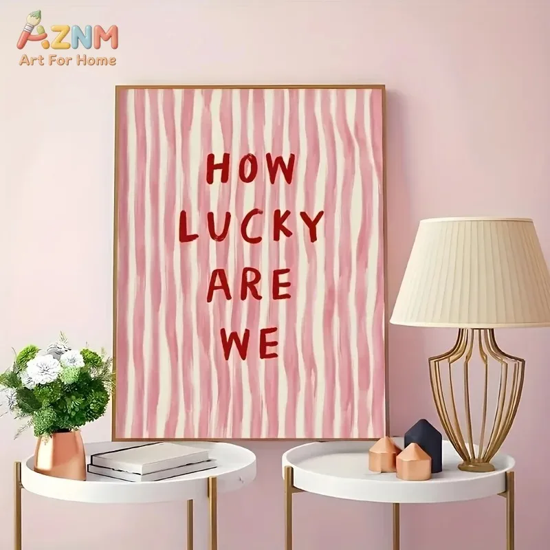 How Lucky Are We Pink Red Striped Wall Art Positive Inspirational Quote Poster Canvas Prints for Modern Living Room Home Decor