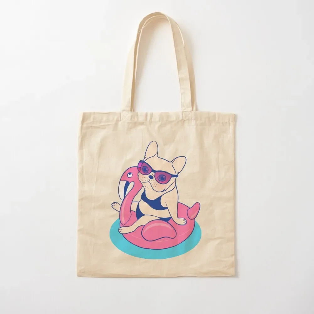 Frenchie enjoys Summer on Flamingo Pool Float in swimming pool Tote Bag Handbags Cloth bags university shopper bag Tote Bag